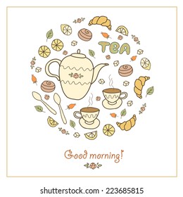Tea, coffee and sweets doodle template patern invitation on on white  background. Greeting card.  Breakfast menu design. Banner with gift, cups, teapot and lemon. 