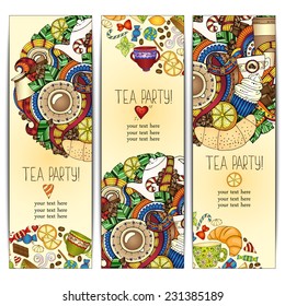 Tea, coffee and sweets doodle template pattern invitation. Greeting card. Tea Branding Design. Breakfast Banners with cups, teapot, chocolate, lemon, cake, croissant and sweets.