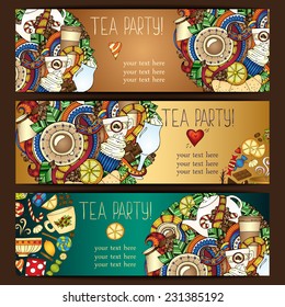 Tea, coffee and sweets doodle template pattern invitation. Greeting card. Tea Branding Design. Breakfast Banners with cups, teapot, chocolate, lemon, cake, croissant and sweets.