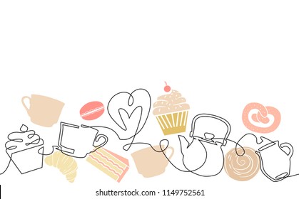 Tea and Coffee with Sweets. Seamless Pattern with Cups, Kettle, Bakery Products isolated on white. Continuous drawing. Can be yused like  background, template, banner, logo, icon, poster.