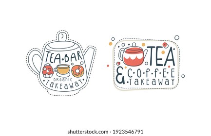 Tea Coffee Takeaway Hand Drawn Labels Set, Tea Bar, Coffeehouse, Cafe, Restaurant Design Templates Outline Vector Illustration