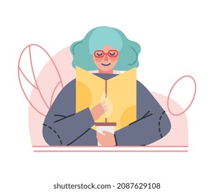 Tea or Coffee Time Break with Woman Character with Cup of Steaming Drink Reading Book Vector Illustration