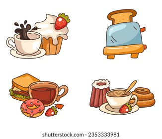 Tea coffee time cup with cupcake sweet food dessert isolated set concept. Vector flat graphic design illustration
