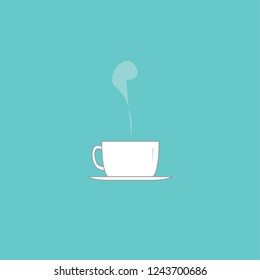 Tea/ coffee time. A cup of hot tea or coffee flat style vector isolated on baby blue background. View from front/side