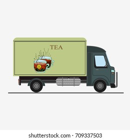 Tea coffee. Truck advertisement. Flat vector illustration