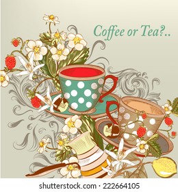 Tea or coffee vector background with cups and strawberry