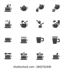 Tea and coffee vector icons set, modern solid symbol collection, filled style pictogram pack. Signs, logo illustration. Set includes icons as teapot, coffee pot, turkish cezve, kettle, cup, mug, spoon