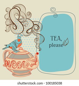 Tea or coffee vector panel with decorative bird