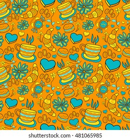 Tea and coffee vector seamless pattern. Tea, coffee and sweets doodle template pattern invitation. Breakfast background with cups, hearts, chocolate, cake, croissant and sweets.