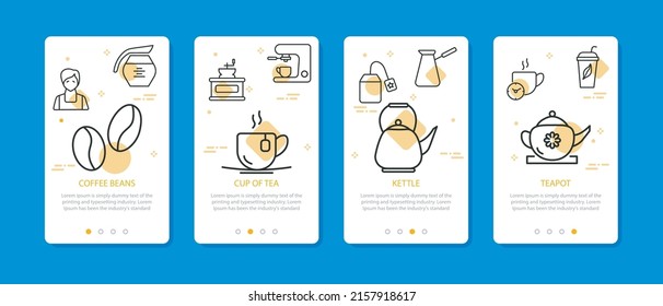 Tea and coffee vertical banners with linear vector icons. Modern onboarding design for menu and cafe app