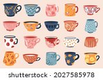 Tea coffee vintage cup set vector illustration. Cartoon vintage teacup collection for english afternoon tea ceremony party or breakfast, retro flower, leaf, stripes hand drawn pattern on cup and mug