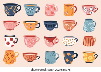 Tea coffee vintage cup set vector illustration. Cartoon vintage teacup collection for english afternoon tea ceremony party or breakfast, retro flower, leaf, stripes hand drawn pattern on cup and mug