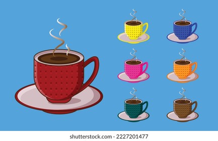 Tea coffee vintage cup set vector illustration. Cartoon vintage teacup collection for English afternoon tea ceremony party or breakfast, retro flower, pattern on cup and mug