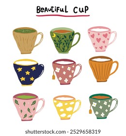 Tea coffee vintage cup set vector illustration. Cartoon vintage teacup collection for english afternoon tea ceremony party or breakfast, retro flower, leaf, stripes hand drawn pattern on cup and mug