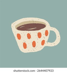 Thee of koffie, vintage kopje, vector illustratie. Cartoon vector illustratie van een kopje met stippen polka.