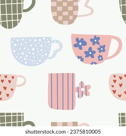 Tea coffee vintage cups pattern. Modern mug decorated with design elements. Wrapping and wallpaper design.