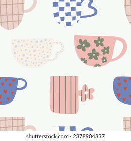 Tea coffee vintage cups pattern. Modern mug decorated with design elements. Wrapping and wallpaper design.