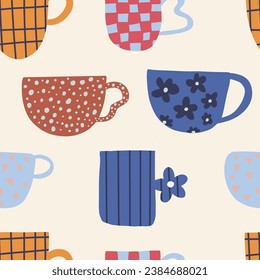 Tea coffee vintage cups pattern. Modern mug decorated with design elements. Wrapping and wallpaper design.