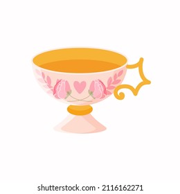 Tea coffee vintage small pink cup with rose and heart. Vector isolated on white background. Flat style romantic illustration