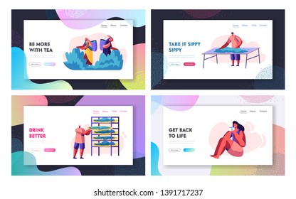 Tea Collecting and Drinking Website Landing Page Templates Set. Indian People in Traditional Clothes Pick Up Leaves, Woman Enjoying Tea. Cultivation Web Page. Cartoon Flat Vector Illustration, Banner
