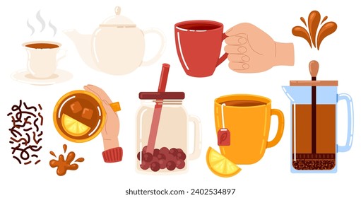 Colección de té. Té, tazas, cerámica, tetera de vidrio, hervidor de agua. Té de fiesta. Hora del té. Ilustración vectorial en estilo doodle 