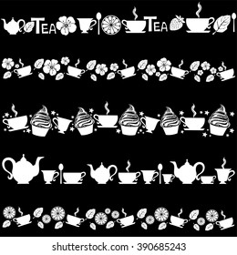 Tea. Collection of design elements isolated on black background. Vector illustration 