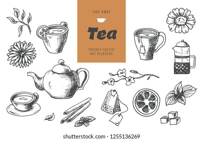 Tea collection elements in graphic style, hand-drawn vector illustration.