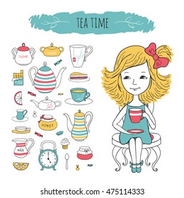 Tea collection and girl on chair. Vector set tea time illustration. Sweet girl and tea accessories drawn by hand in cartoon style.