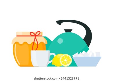 Tea collection, honey and lemon. Breakfast time composition. Vector illustration
