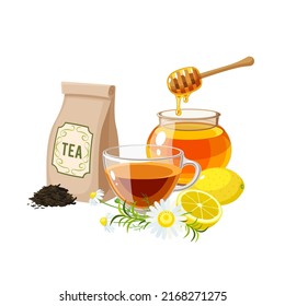 Tea collection, honey and lemon. Vector illustration cartoon flat icon composition isolated on white background.