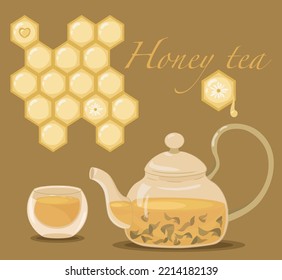 Tea collection with honeycombs. A transparent teapot with tea leaves, and a transparent cup of tea. Vector illustration cartoon flat icon composition isolated on dark yellow background.