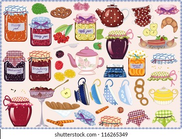 Tea collection of jam-jars, teacups, teapots, fruits and pastry