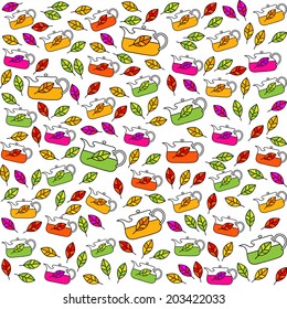 Tea Collection. Kettles with tea leaf. Seamless pattern. Vector.