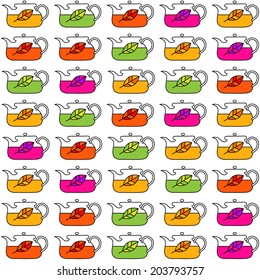 Colección de té. Colas con hojas de té. Patrón sin foco. Vector.