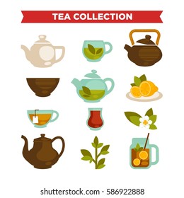 Tea collection logo templates. Vector icons of cups or mugs, brew teapot and teabags. Icons set for cafe or restaurant and product packaging design