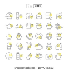 Té. Colección de iconos perfectamente delgados para el diseño web, aplicación y los proyectos más modernos. El kit de carteles de la categoría Comida y bebida.