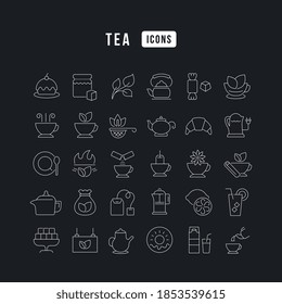 Té. Colección de iconos perfectamente delgados para el diseño web, aplicación y los proyectos más modernos. El kit de carteles de la categoría Comida y bebida.