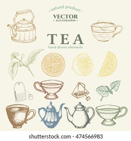 Tea Collection retro elements, tea hand drawn set vector 