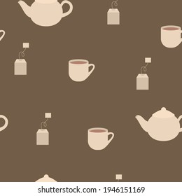 Tea collection seamless pattern. Cup, tea bag, teapot set. Kitchen wallpaper. Background.