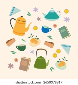A tea collection of a teapot, cups, cupcakes, biscuits. Tea party service. Elements for kitchen textiles, design, prints