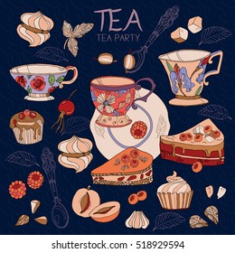 Tea collection vector illustration with teapot, cups, sweets, bakery. Tea party elements 