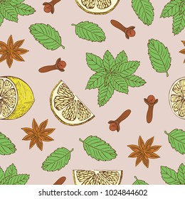 Tea collection.Vector hand drawn seamless pattern with different ingredients for a nice tea drinking