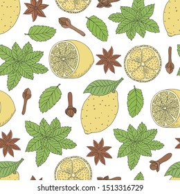 Tea collection.Vector hand drawn seamless pattern with different ingredients for a nice tea drinking