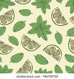 Tea collection.Vector hand drawn seamless pattern with slices of lemon and green mint