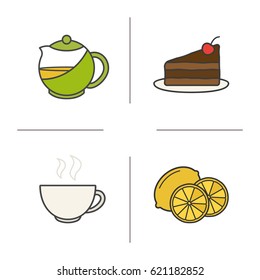 Tea color icons set. Piece of cake on plate, steaming cup, cutted lemon, brewing teapot infuser. Isolated vector illustrations