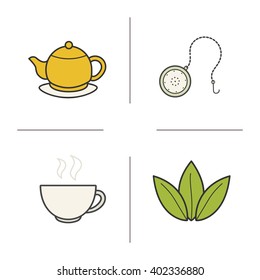 Tea color icons set. Steaming cup, yellow teapot on plate, loose green tea leaves and ball infuser. Vector isolated illustrations
