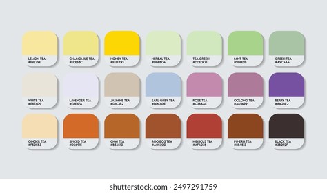 Tea Color Palette, Tea Color Guide Palette with Color Names. Catalog Samples of Tea with RGB HEX codes and Names. Tea Colors Palette Vector, Paint, Drinks, Fashion Trend Pine Green Color shade tones