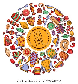 Tea colorful sweets coffee doodle icons round vector border