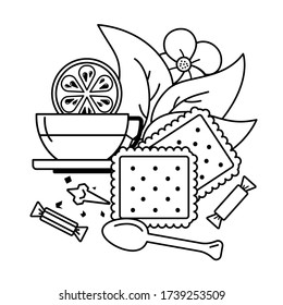 Tea composition. Coloring picture. Vector line graphics. Black on white background, isolated.