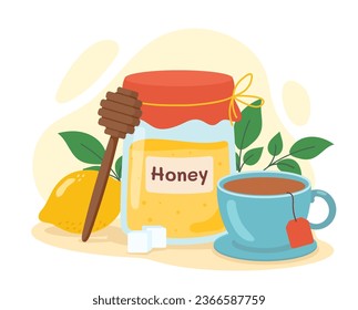 Tea composition concept. Stick with honet in glass near cup or mug with hot drink. Traditional morning food. Poster or banner. Cartoon flat vector illustration isolated on white background